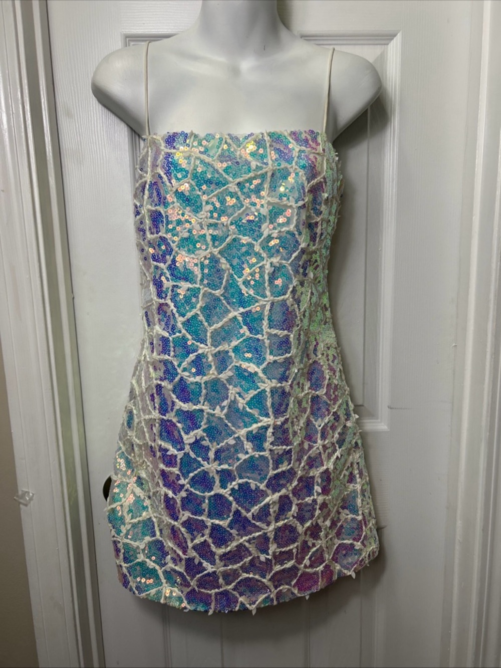 Storia Iridescent Sequin Spaghetti Strap Prom/Party Mini Dress Blue Sz M
